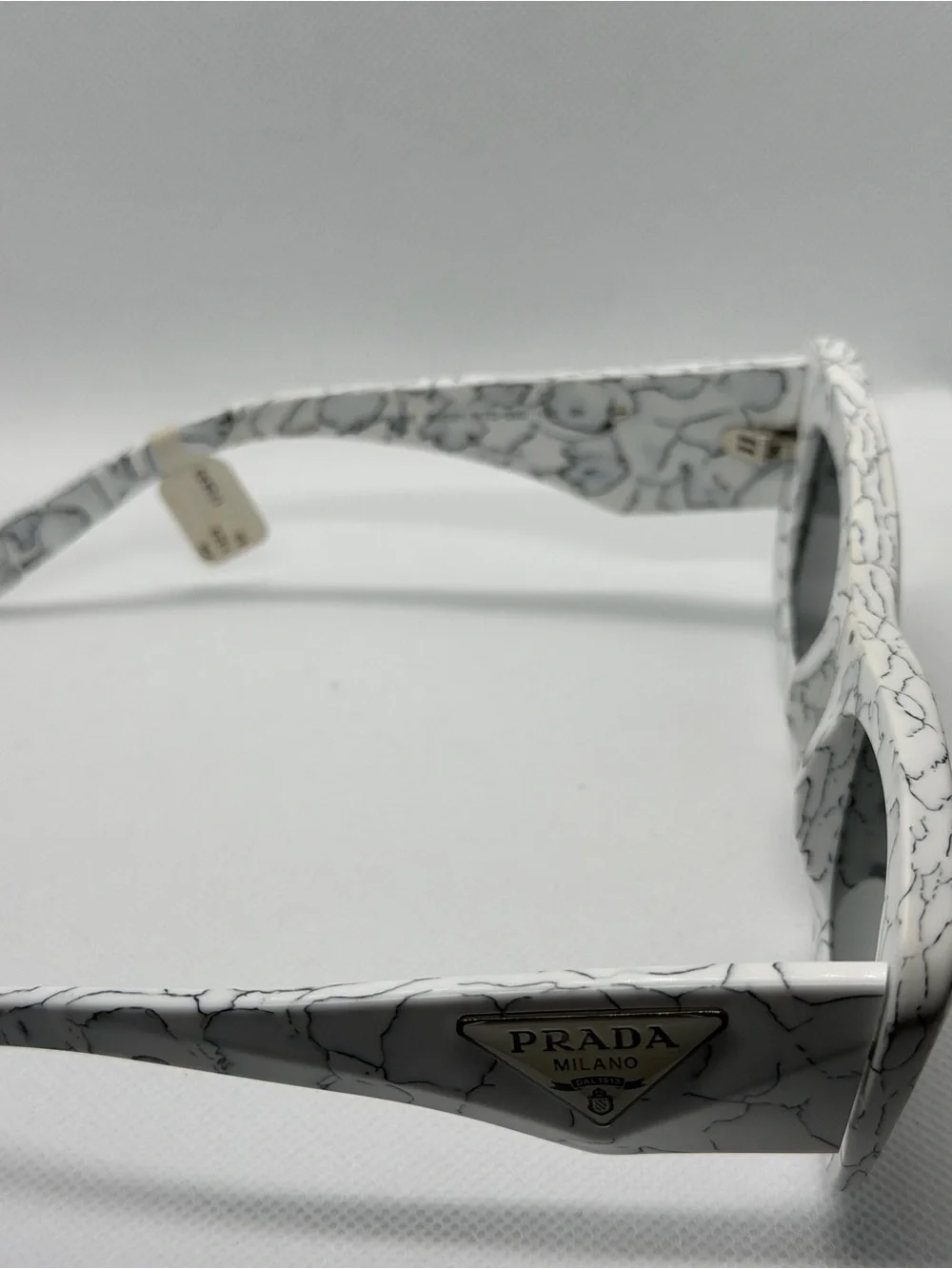Prada White Marble Rectangular Sunglasses with Dark Lenses